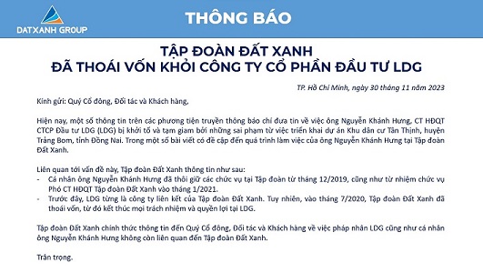 Thông báo về việc Đất Xanh đã thoái vốn khỏi CTCP Đầu tư LDG